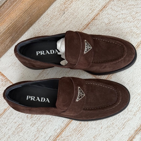 Prada Brown Suede Triangle Loafers NEW - Picture 4 of 16